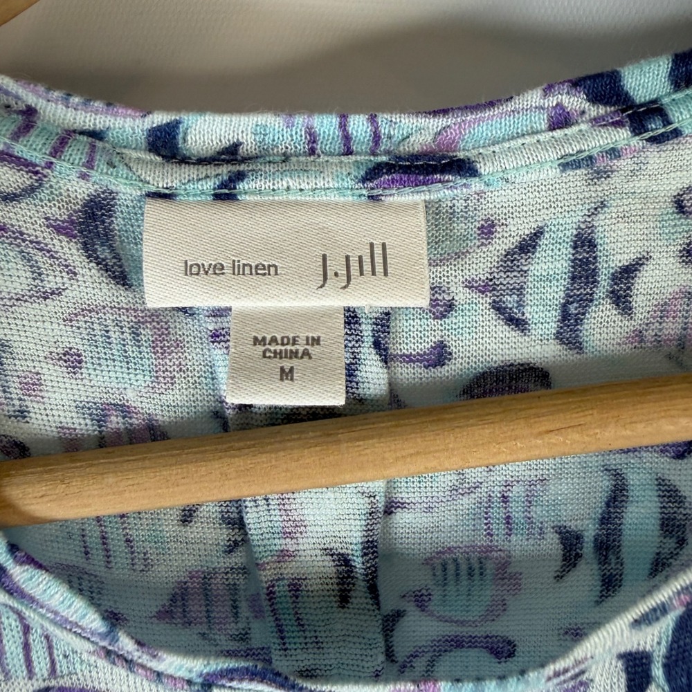 J. Jill Tank Top Women Medium Blue Tropical Fish Print 100% Linen Sleeveless - Picture 2 of 8